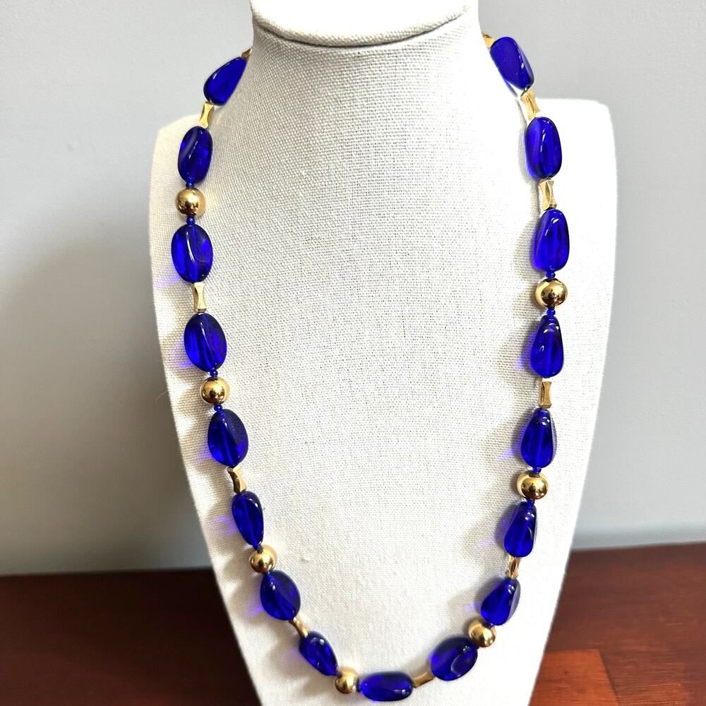 Cobalt Blue Gold Glass Beaded Vintage Necklace Long Retro Costume Jewelry Beads